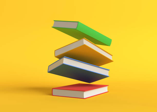 Flying color books on pastel yellow background. Levitation. Education concept. 3d rendering illustration